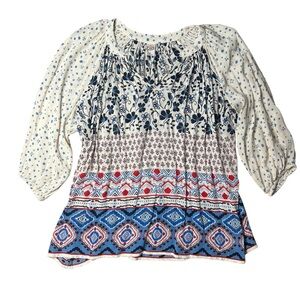 Bila Blue, Cream and Red Bohemian Blouse with V Neck and 3/4 Sleeves